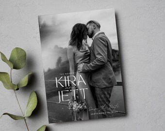 Zapisz datę szablon karty ślubnej, zdjęcie Zapisz datę zaproszenie, edytowalny szablon Canva, minimalistyczny układ, natychmiastowe pobranie