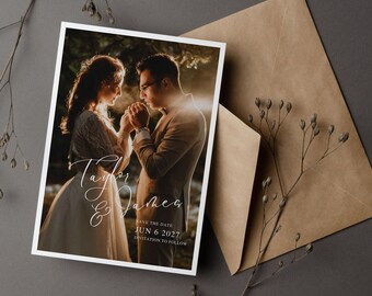 Szablon karty ślubnej „Zapisz datę”, zaproszenie ze zdjęciem „Zapisz datę”, edytowalny szablon Canva, minimalistyczny układ, natychmiastowe pobranie