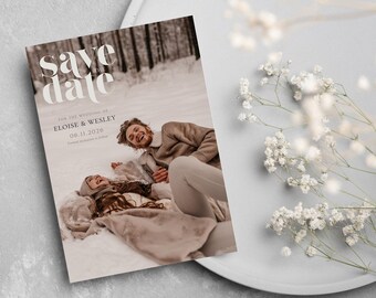 Zapisz datę szablon karty ślubnej, zdjęcie Zapisz datę zaproszenie, edytowalny szablon Canva, minimalistyczny układ, natychmiastowe pobranie