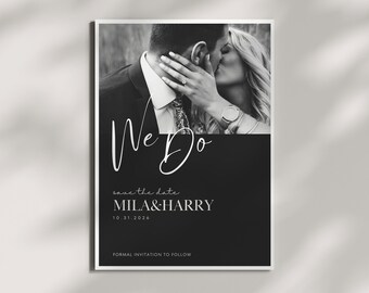 Zapisz datę szablon zaproszenia ślubnego, zdjęcie Zapisz datę zaproszenie, edytowalny szablon Canva, minimalistyczny układ, natychmiastowe pobranie