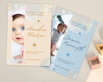 Zaproszenie na pierwsze urodziny, zaproszenie na pierwsze urodziny dziewczynki i chłopca, edytowalny szablon, szablon zaproszenia ze zdjęciem Canva