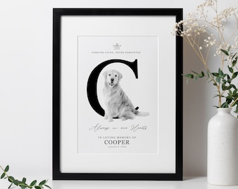 Spersonalizowany wydruk portretu pamiątkowego dla zwierząt, czarno-biały portret kota i psa, plakat z niestandardowym pierwszym listem, kondolencje po stracie zwierzaka, w kochającej pamięci
