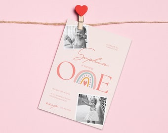 Pierwsze Urodzinowe Zaproszenie, Edytowalny Pierwszy Urodzinowy Szablon, Zaproszenie Ze Zdjęciem Canva Szablon, Zaproszenie Urodzinowe Is Turning One Rainbow