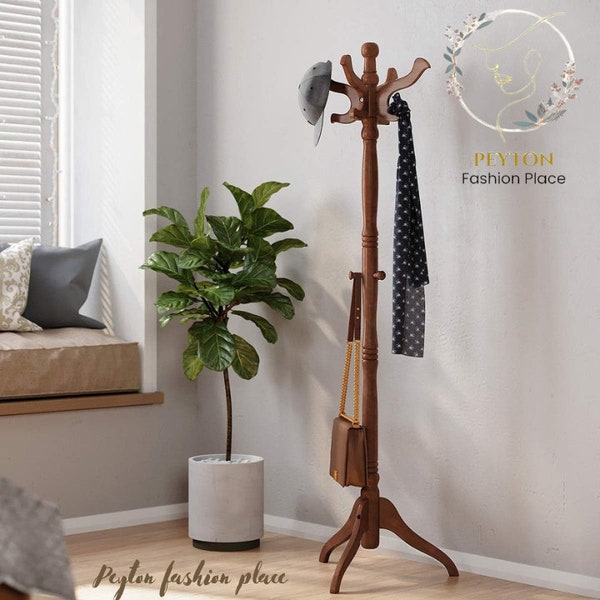 Wooden Coat Rack Stand | Coat Rack Free Standing  with 11 Hooks | Wooden Hat Tree Coat Holder with Solid Rubberwood Base