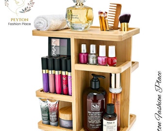 Rotating Bamboo Makeup Organizer for Vanity or Bathroom Storage | Wooden Makeup Storage Carousel for Cosmetics | Skincare Display Rack