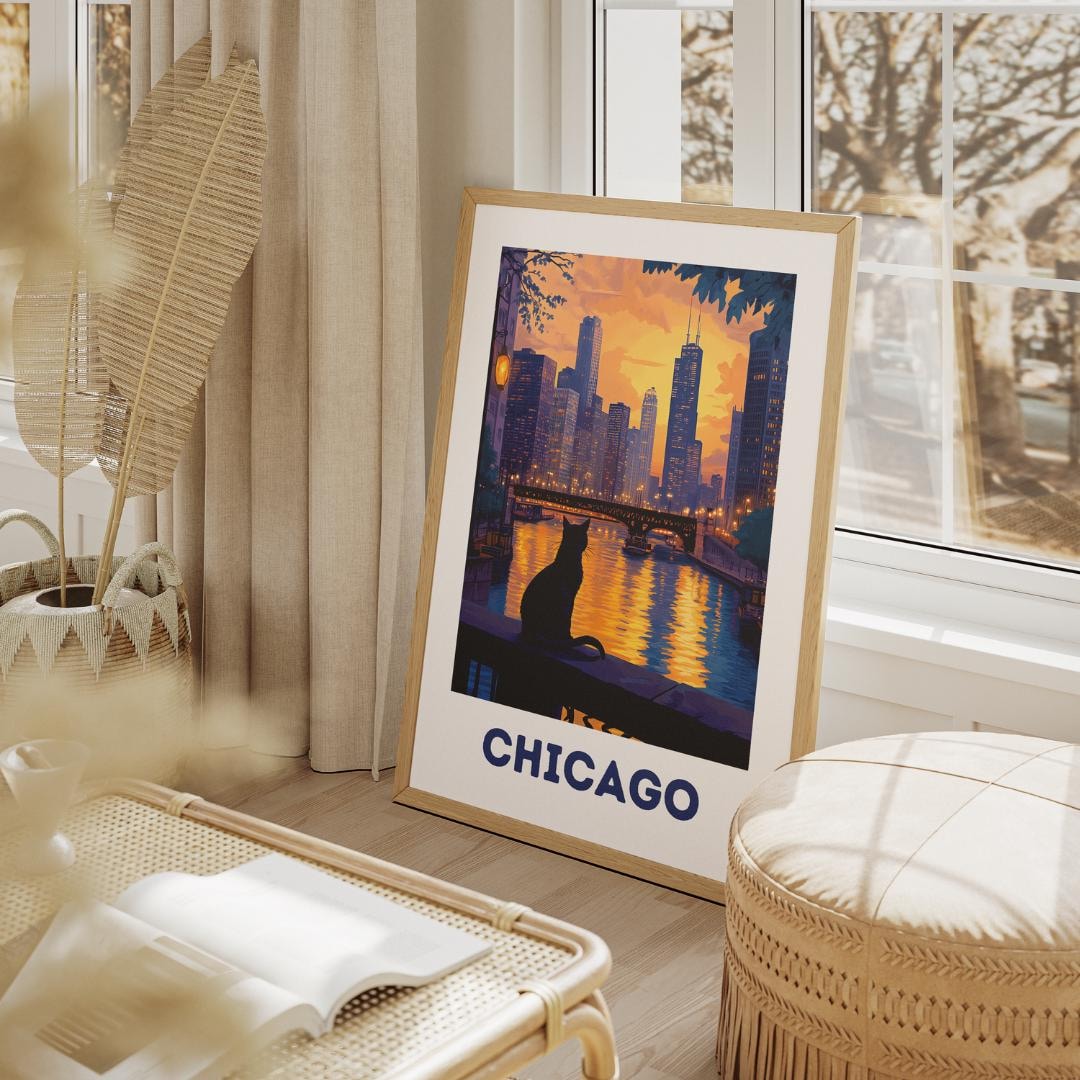 Chicago Cat Art Print: Sunset Cityscape Illustration (digital Download ...