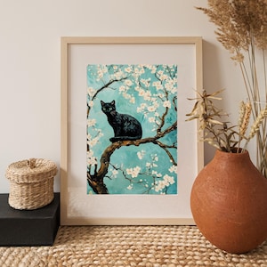 Van Gogh Inspired Almond Blossoms | Almond Blossoms with Cat Print | Gift For Cat Lovers | Almond Blossoms Poster