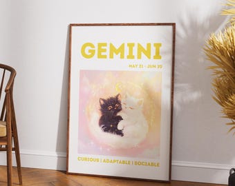 Puede incluir: Una impresión artística enmarcada con un gato blanco y negro abrazándose, sobre un fondo rosa y amarillo suave. La palabra "GEMINI" se muestra en amarillo, con las fechas "MAY 21 - JUN 20" debajo. Las palabras "CURIOUS | ADAPTABLE | SOCIABLE" están en la parte inferior.