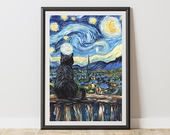星月夜の猫アートプリント：ゴッホ風（デジタルダウンロード）