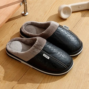 Leather Men Indoor Slippers Winter Home Cotton Slipper Cotton Men ...