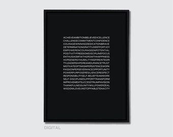 Puede incluir: Una impresión en blanco y negro enmarcada con una lista de palabras motivadoras. Las palabras están dispuestas en una columna vertical e incluyen términos como "lograr", "creer" y "excelencia". La palabra "DIGITAL" está en la parte inferior.