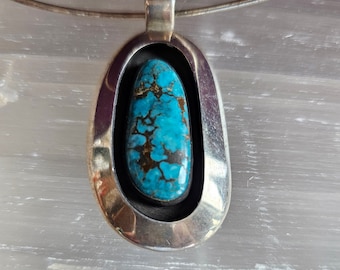 Bisbee Turquoise in a Shadow Box Pendant signed Riveras