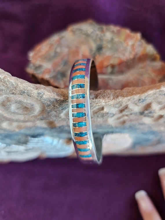 Simple Zuni inlay turquoise and coral cuff
