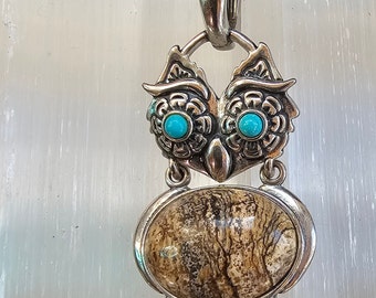 WISE OWL PENDANT with turquoise eyes and a jasper body by Relios