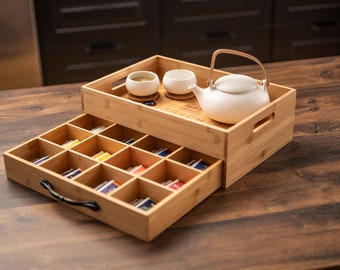 Tea box with tray - bamboo - 12 storage compartments for tea bags - gift idea for young and old - a good idea at any time