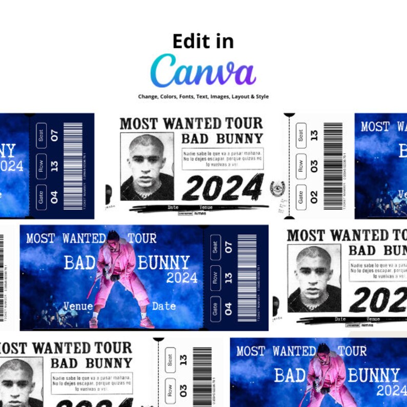 5 X Bad Bunny Most Wanted Tour Ticket Template Personalized, Editable