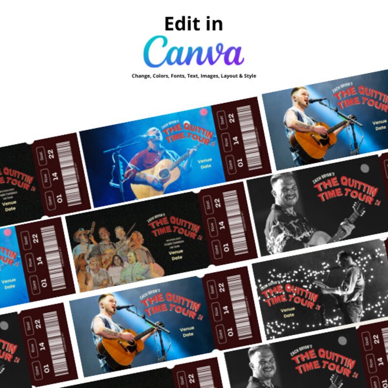 5 X Zach Bryan's the Quitting Time Tour Ticket Template Personalized