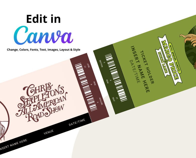 5 X Custom Chris Stapleton Tour Ticket Template Personalized, Editable & Printable Canva