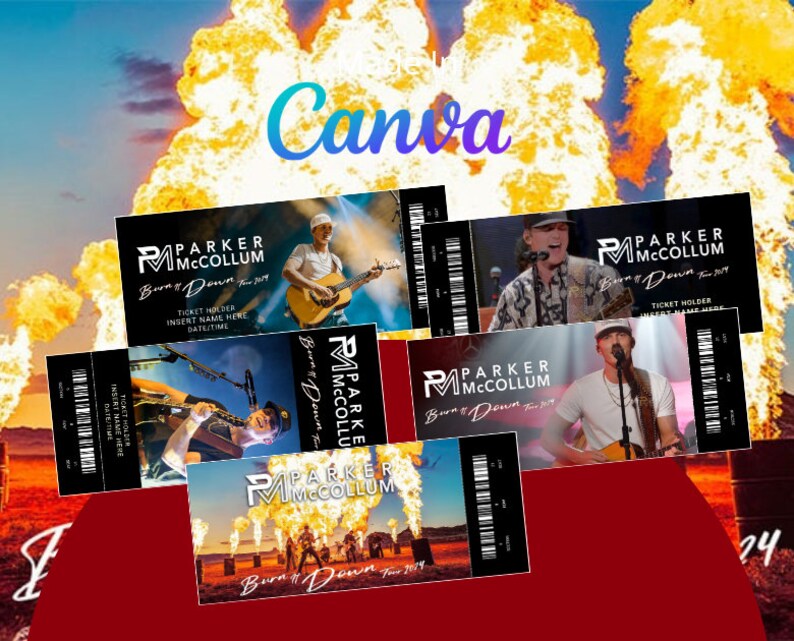 5 X Parker Mccollum burn It Down Tour Ticket Template 2024 Editable and Personalizable via Canva