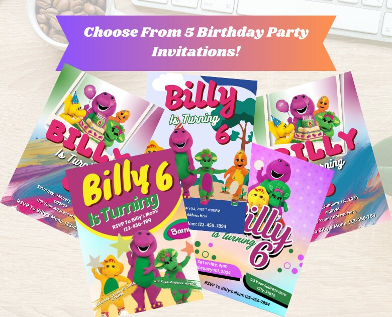 5 Barney Themed Birthday Invitations Canva Editable Children's Birthday
