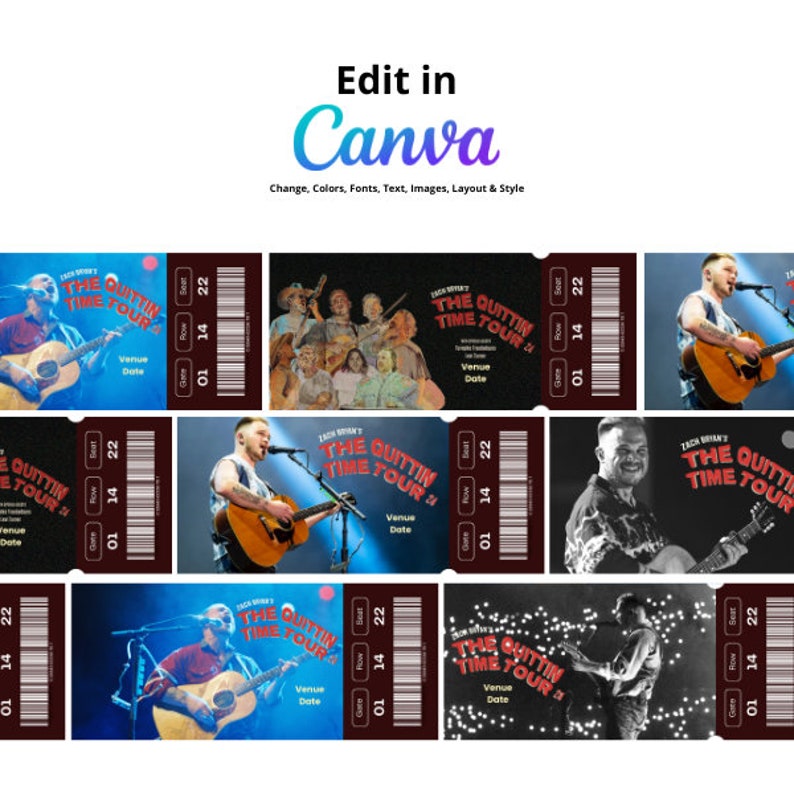 5 X Zach Bryan's the Quitting Time Tour Ticket Template Personalized