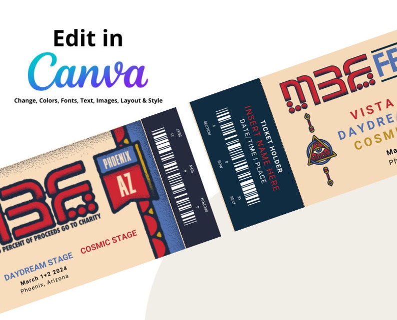 5 Custom M3F Festival Ticket Template Personalized, Editable