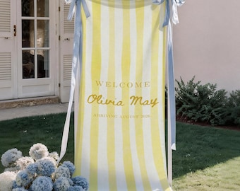Linen Baby Shower Sign, Custom Fabric Baby Shower Welcome Sign, Personalized Baby Shower Banner Shower Decor Photo Backdrop Gingham Stripe
