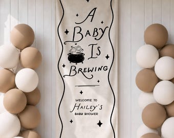 A Baby is Brewing Halloween Baby Shower Welcome Sign, Custom Linen Fabric Personalized Baby Sprinkle Banner, Goth Cauldron Photo Backdrop