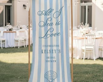 All I Sea is Love Bridal Shower Welcome Sign, Fabric Wedding Shower Banner, Custom Linen Bachelorette Party Decor Photo Sign Stripe Coastal