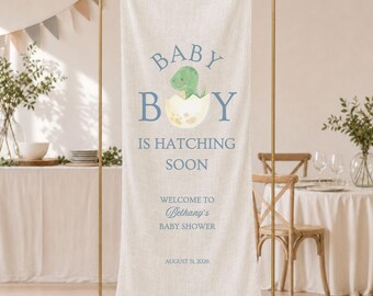 Dinosaur Baby Shower Sign Custom Linen Fabric Baby Shower Welcome Sign Personalized Hatching Soon Boy Baby Sprinkle Banner Decor Backdrop