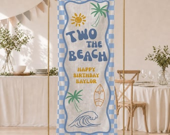 Two the Beach Second Birthday Sign, Linen Personalized 2nd Birthday Banner, Retro Beach Surfing Fabric Birthday Party Decor, Custom Tapestry