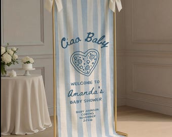 Panneau de bienvenue pour baby shower Ciao, thème de la pizza italienne Panneau de bienvenue en tissu personnalisé pour baby shower, pour décoration de baby shower, toile de fond photo