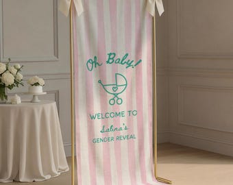Gender Reveal Party Banner, Oh Baby Custom Fabric Baby Welcome Sign, Personalized Baby Boy or Girl Reveal Welcome Sign Decor Photo Backdrop