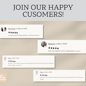 May include: A graphic display titled JOIN OUR HAPPY CUSOMERS! featuring four customer reviews with five-star ratings. Each review includes a name, date, and text. A small square logo for The BB Co. Studio is visible in the bottom left corner.