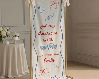 One American Girl Birthday Party Banner, Fabric USA First Birthday Welcome Sign, Custom July 4th Theme 1st Birthday Tapestry