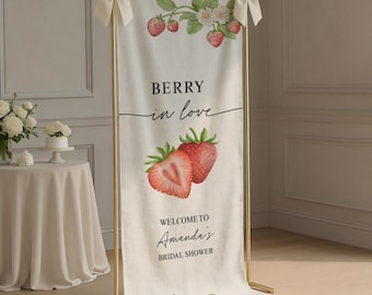 Berry in Love Custom Linen Bridal Shower Welcome Sign, Fabric Wedding Shower Banner, Strawberry Bachelorette Party Decor, Outdoor Photo Sign