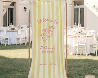 Custom Text Linen Baby Shower Sign, Fabric Baby Shower Welcome Sign, Personalized Baby Shower Banner Decor Photo Backdrop Gingham Stripe