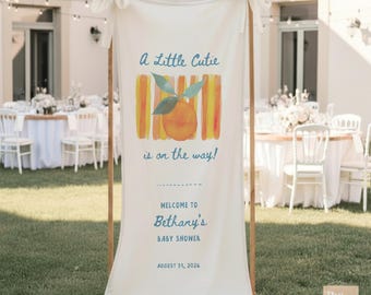 A Little Cutie is on the Way Baby Shower Welcome Sign, Custom Linen Fabric Personalized Baby Sprinkle Banner Orange Theme Decor Backdrop