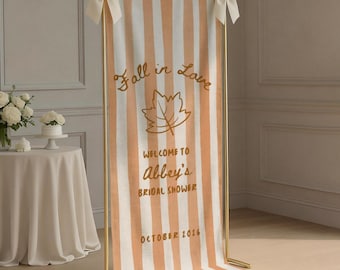 Fall in Love Bridal Shower Welcome Sign, Linen Fabric Bridal Party Entrance Banner Custom Couples Wedding Shower Decor Autumn Theme, Stripe