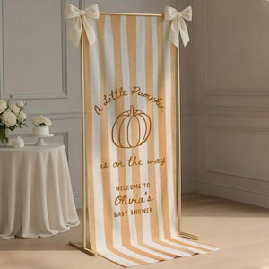 A Little Pumpkin Baby Shower Welcome Sign Custom Linen Fabric Personalized Baby Shower Banner Striped Fall Baby Shower Decor Photo Backdrop image 1