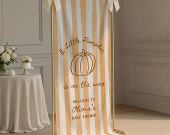 A Little Pumpkin Baby Shower Welcome Sign  Custom Linen Fabric Personalized Baby Shower Banner Striped Fall Baby Shower Decor Photo Backdrop