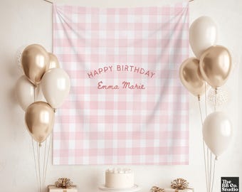 Personalized Birthday Banner, Custom Name Birthday Backdrop Fabric Birthday Sign Milestone Party Decor Simple Birthday Tapestry Gingham