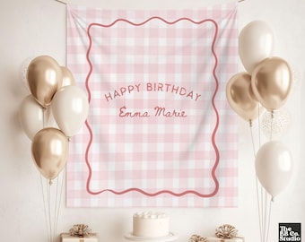Personalized Birthday Banner, Custom Name Birthday Backdrop Fabric Birthday Sign Milestone Party Decor Simple Birthday Tapestry Gingham Girl