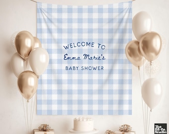 Custom Fabric Baby Shower Welcome Sign, Personalized Baby Shower Sign, Welcome Sign for Baby Shower Decor Photo Backdrop, Blue Gingham