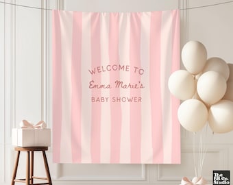 Plaque de bienvenue en tissu personnalisée pour baby shower, plaque personnalisée pour baby shower, plaque de bienvenue pour toile de fond photo décoration baby shower, fille à rayures roses