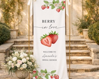 Berry in Love Custom Bridal Shower Welcome Sign, Fabric Wedding Shower Banner, Strawberry Bachelorette Party Decor, Outdoor Photo Sign