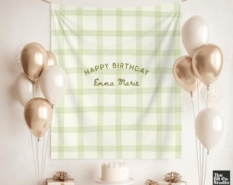 Personalized Birthday Banner, Custom Name Birthday Backdrop, Fabric Birthday Sign Milestone Party Decor Simple Birthday Tapestry Gingham Boy