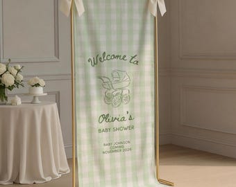 Gingham Linen Baby Shower Banner, Custom Fabric Baby Shower Welcome Sign, Personalized Baby Shower Welcome Sign Shower Decor Photo Backdrop