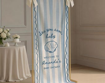 Stripe Sea You Soon Baby Shower Welcome Sign,  Custom Fabric Personalized Baby Shower Sign Welcome Sign for Baby Shower Decor Photo Backdrop