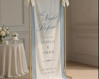 Rehearsal Dinner Welcome Sign, The Night Before Wedding Rehearsal Custom Linen Party Banner Fabric Welcome Party Sign Photo Backdrop Striped